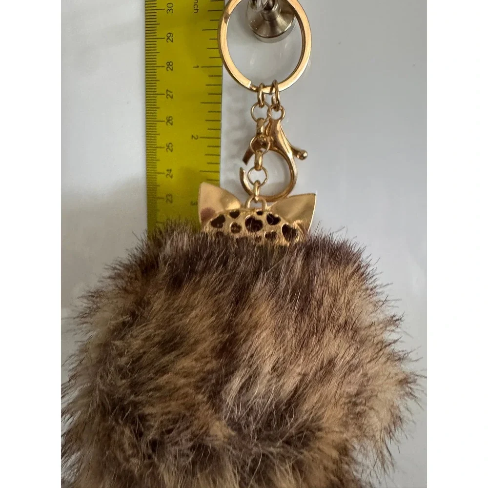 Gold Tone Fox Faux Fur Pom Pom Bag Charm Keychain Rhinestone Pearl Brown Tan